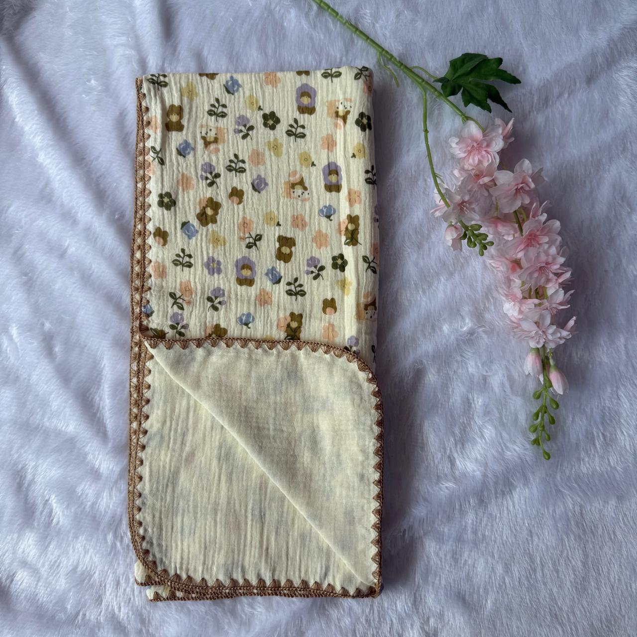 Crinkled Muslin 4layer  Blanket - Flowers & Teddy