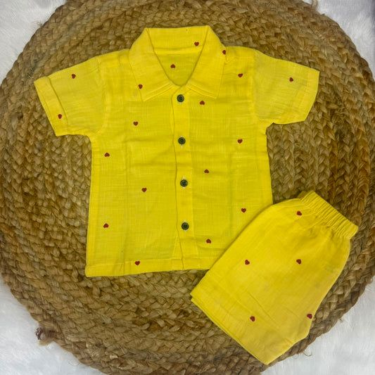 Boys Shirt and Shorts Set - Yellow Red Hearts