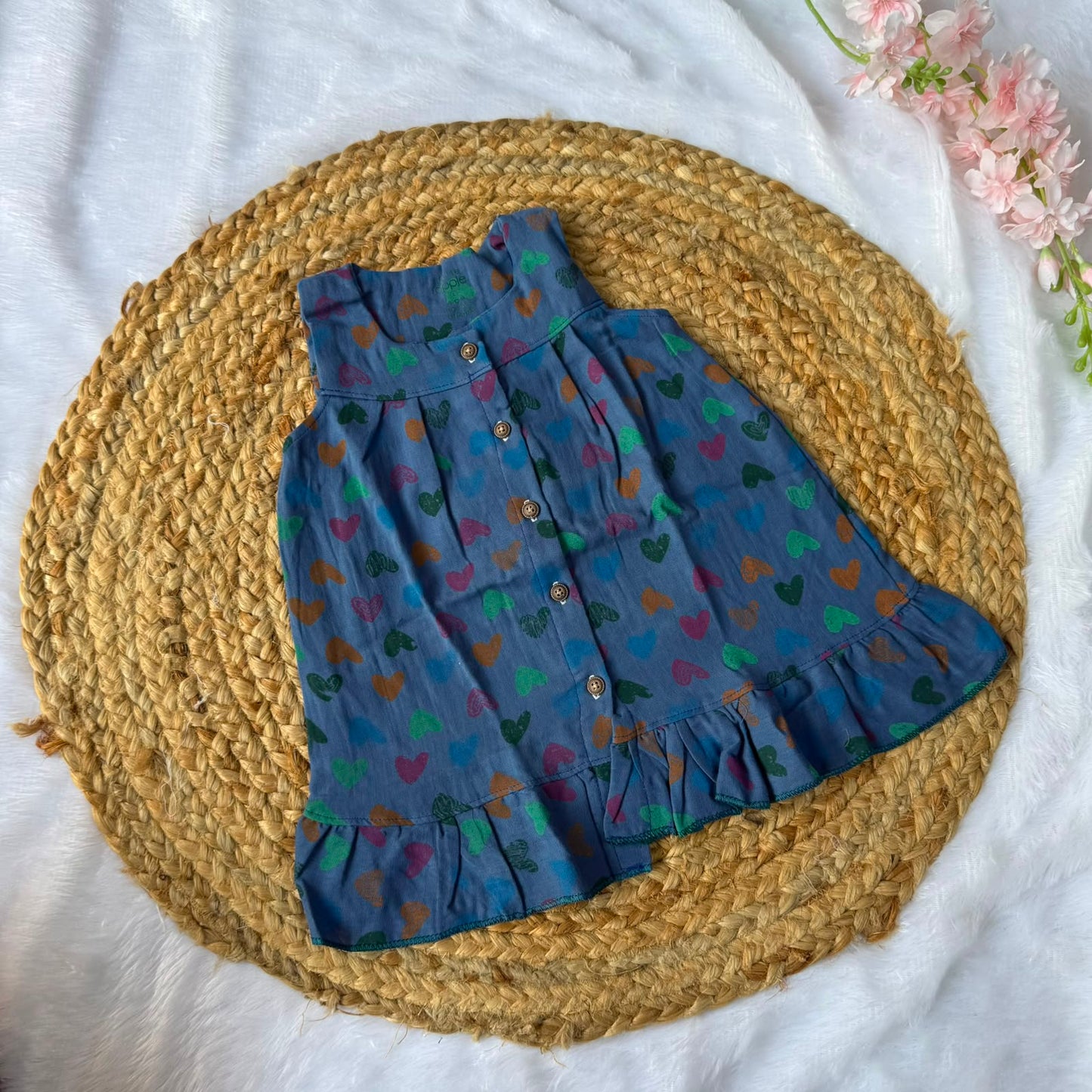 Front Open Baby Frock with Frills - Blue Hearts