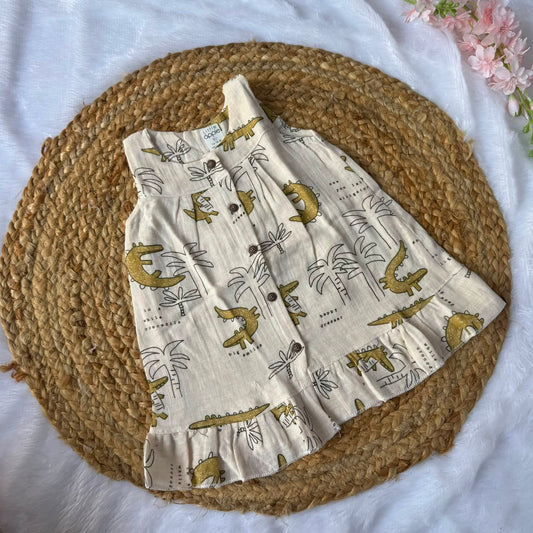 Front Open Baby Frock with Frills - Dino