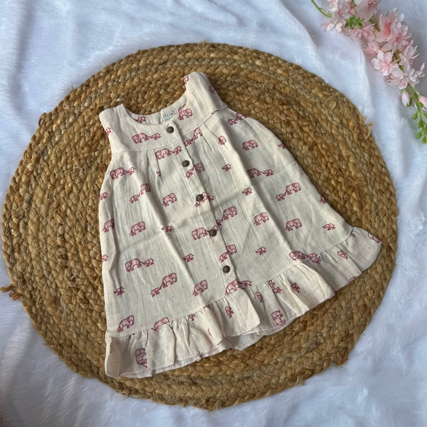 Front Open Baby Frock with Frills - Pink  Elephants