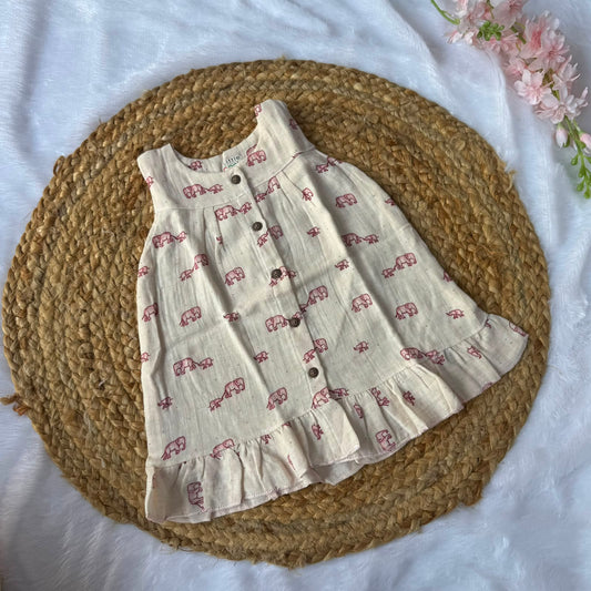 Front Open Baby Frock with Frills - Pink  Elephants