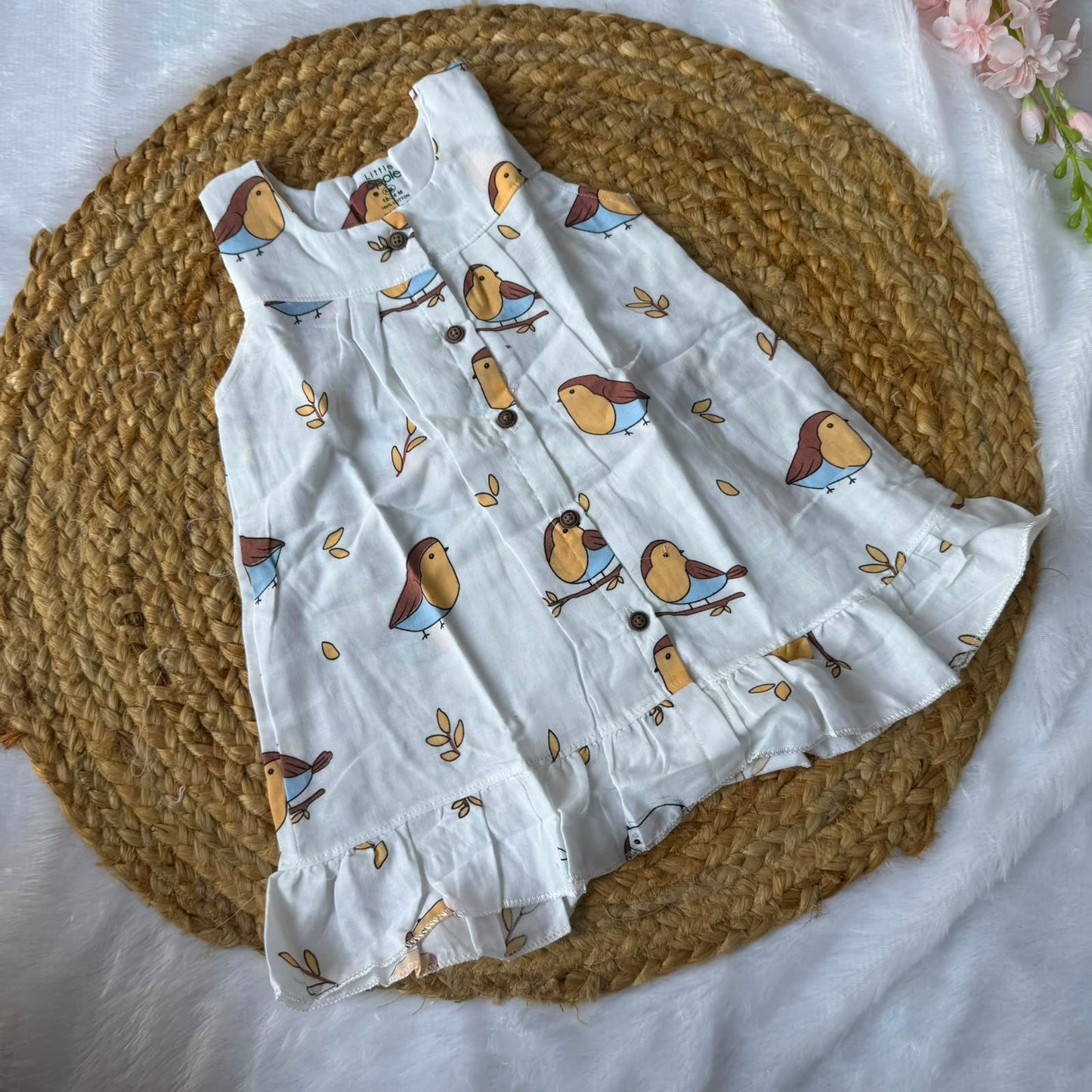 Front Open Baby Frock with Frills - Birds