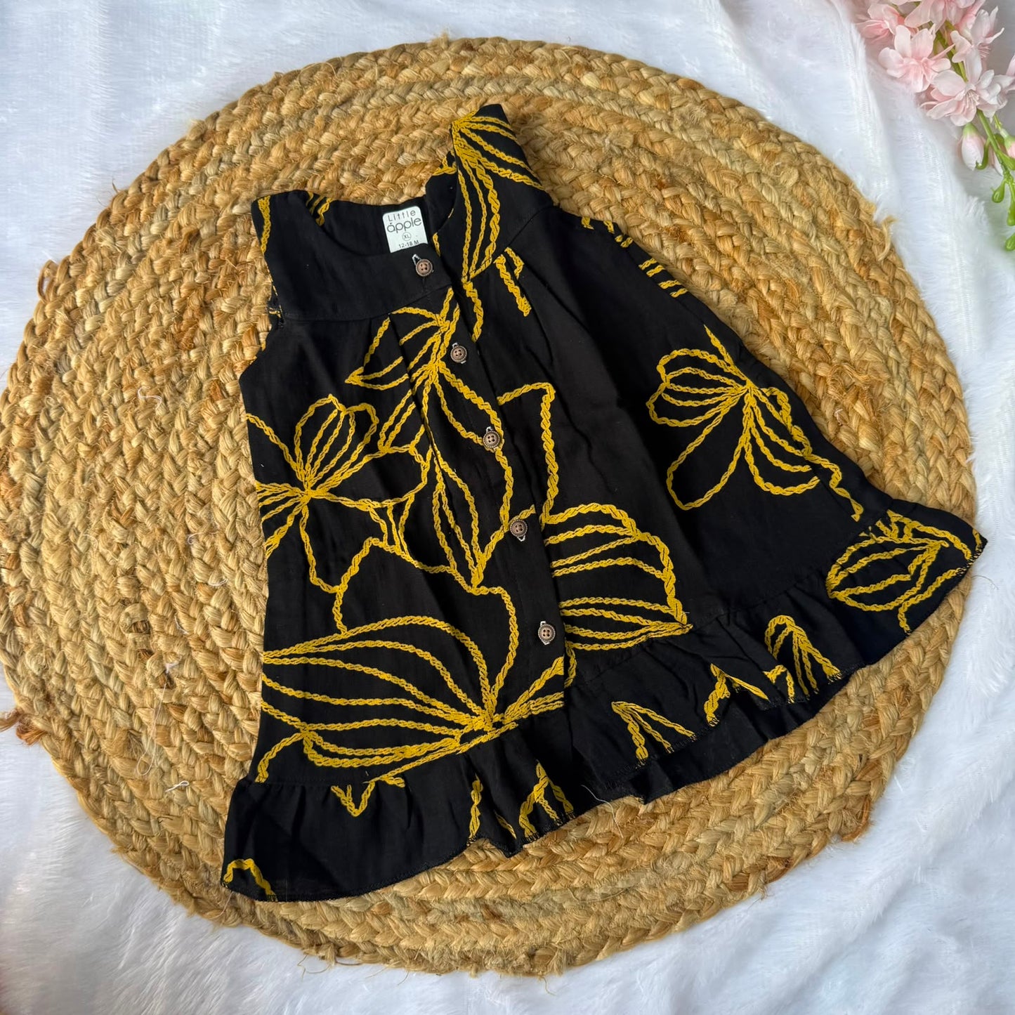 Front Open Baby Frock with Frills - Black & Yellow