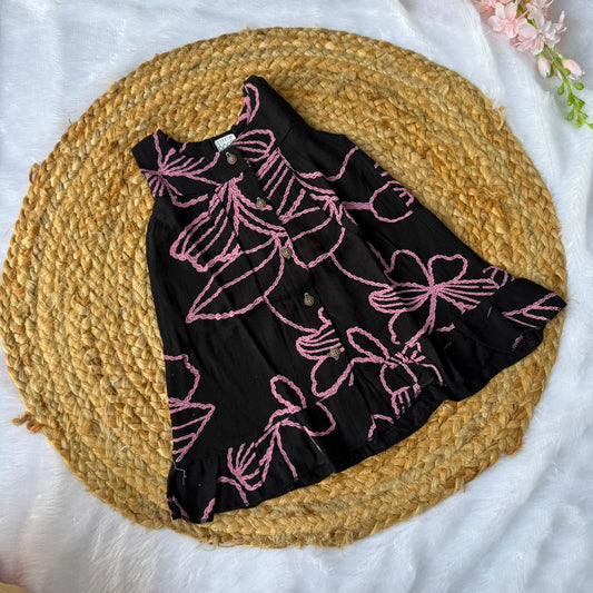 Front Open Baby Frock with Frills - Black & Pink