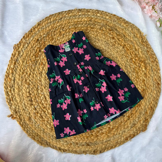 Front Open Baby Frock - Navyblue Pink Flowers