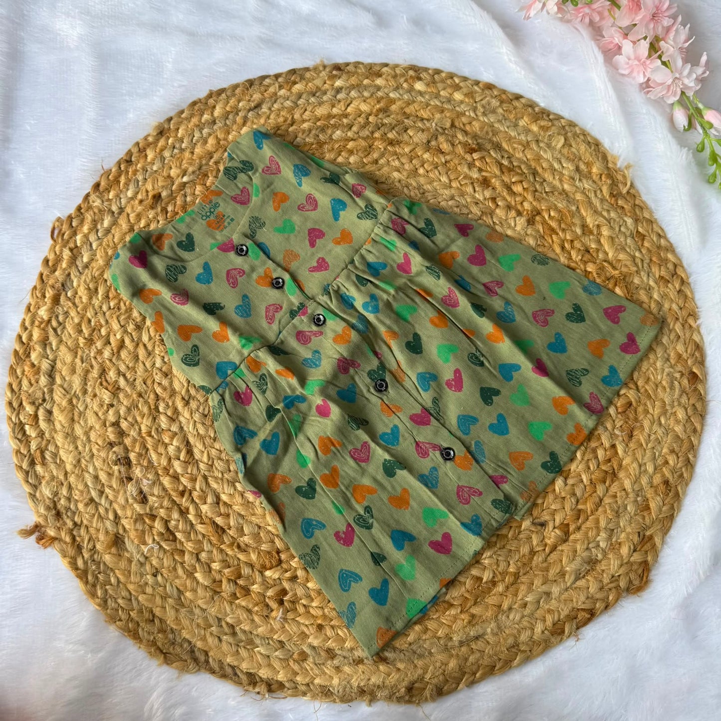 Front Open Baby Frock - Green Hearts