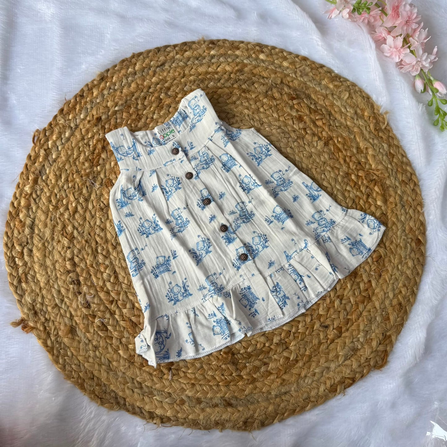 Front Open Baby Frock with Frills - Blue Teddy's