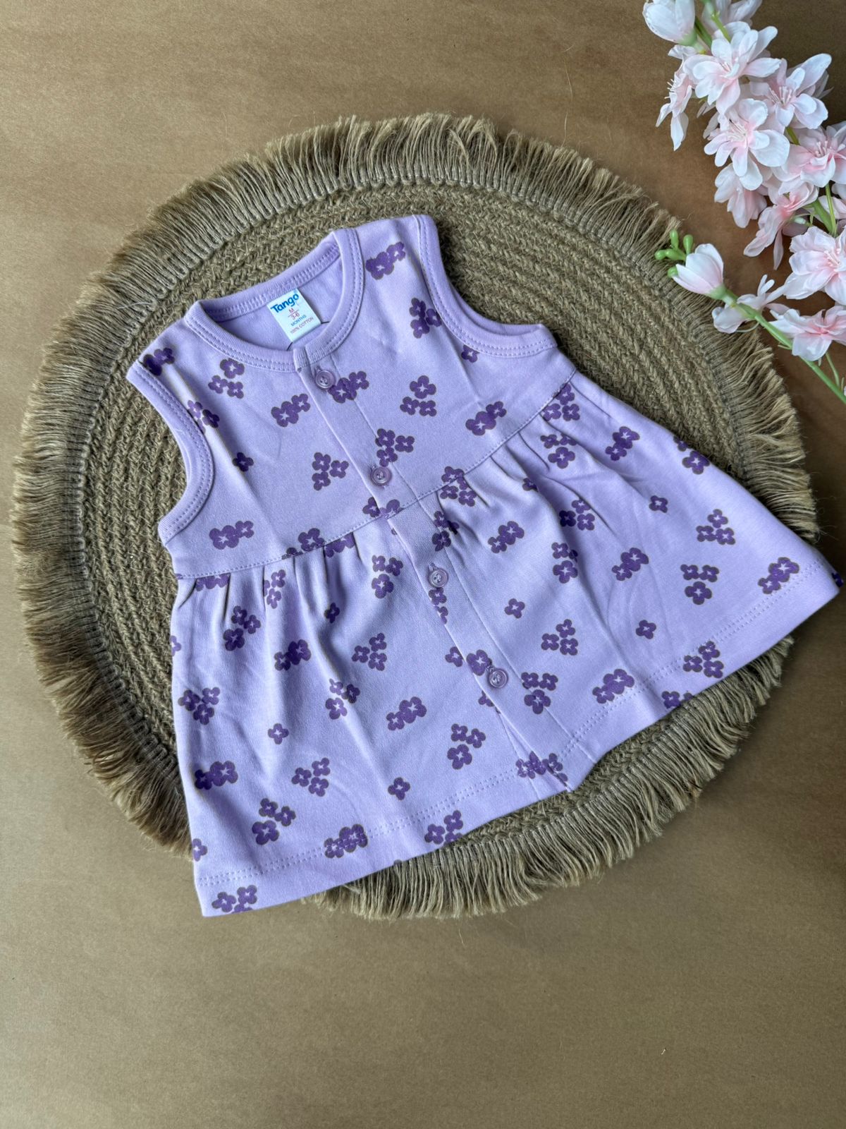 Front Open  Baby Knitted Sleeveless Frocks - Purple Flowers