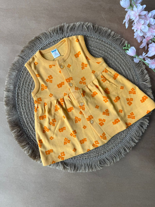Front Open  Baby Knitted Sleeveless Frocks - Yellow Flowers