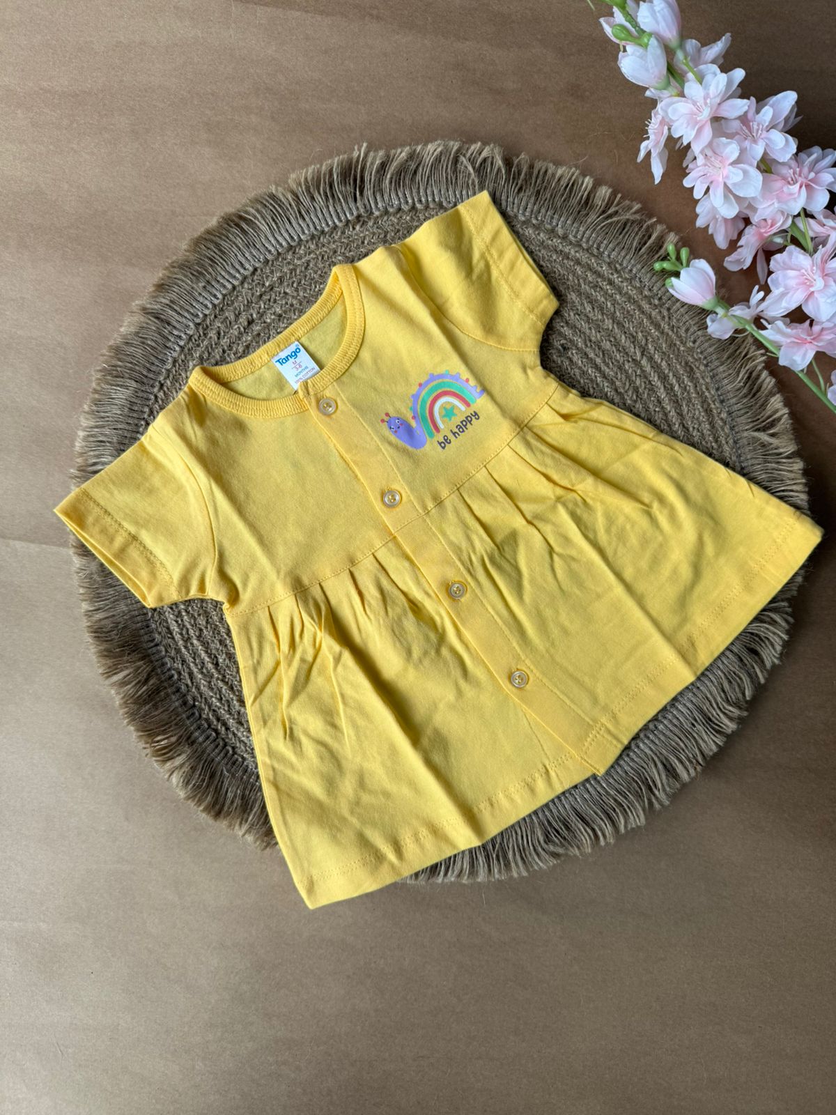 Front Open  Baby Knitted Frocks - Yellow Rainbow