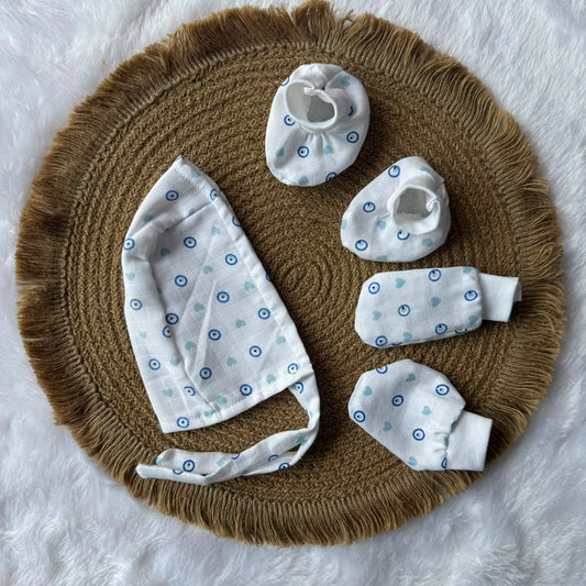 Muslin cap, mitten and booties - Evil Eye