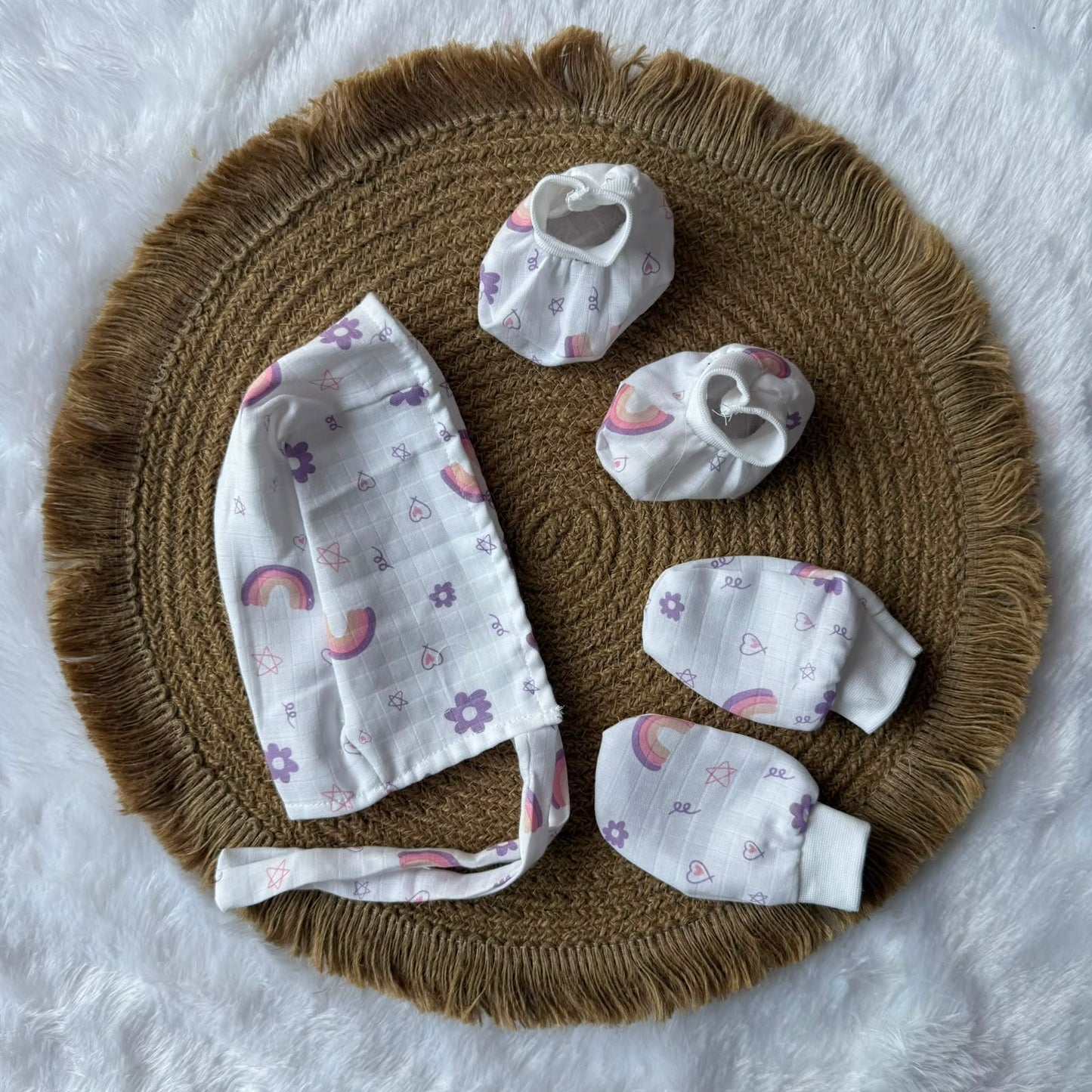Muslin cap, mitten and booties - Purple Rainbow