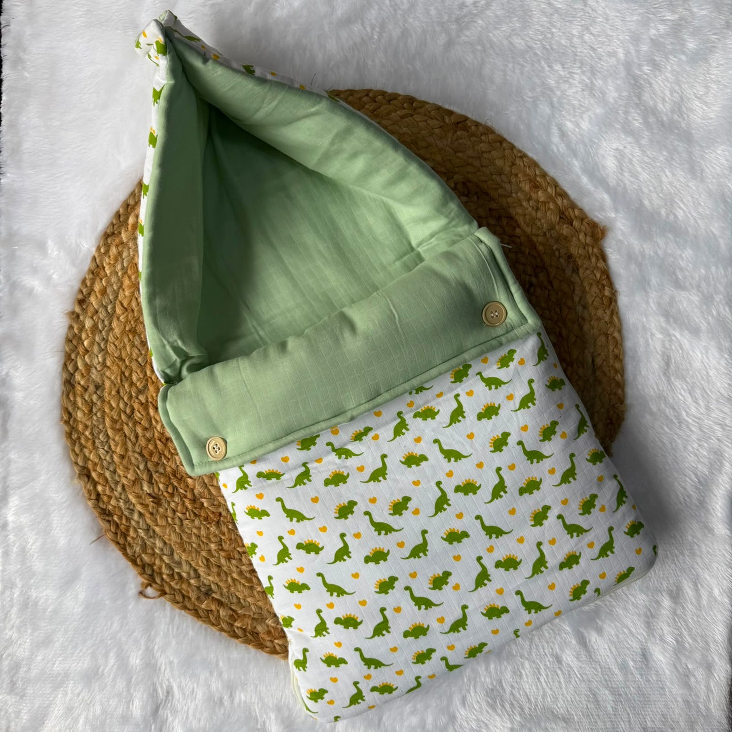 Double Side Muslin Baby Carry Bed - Green Dino