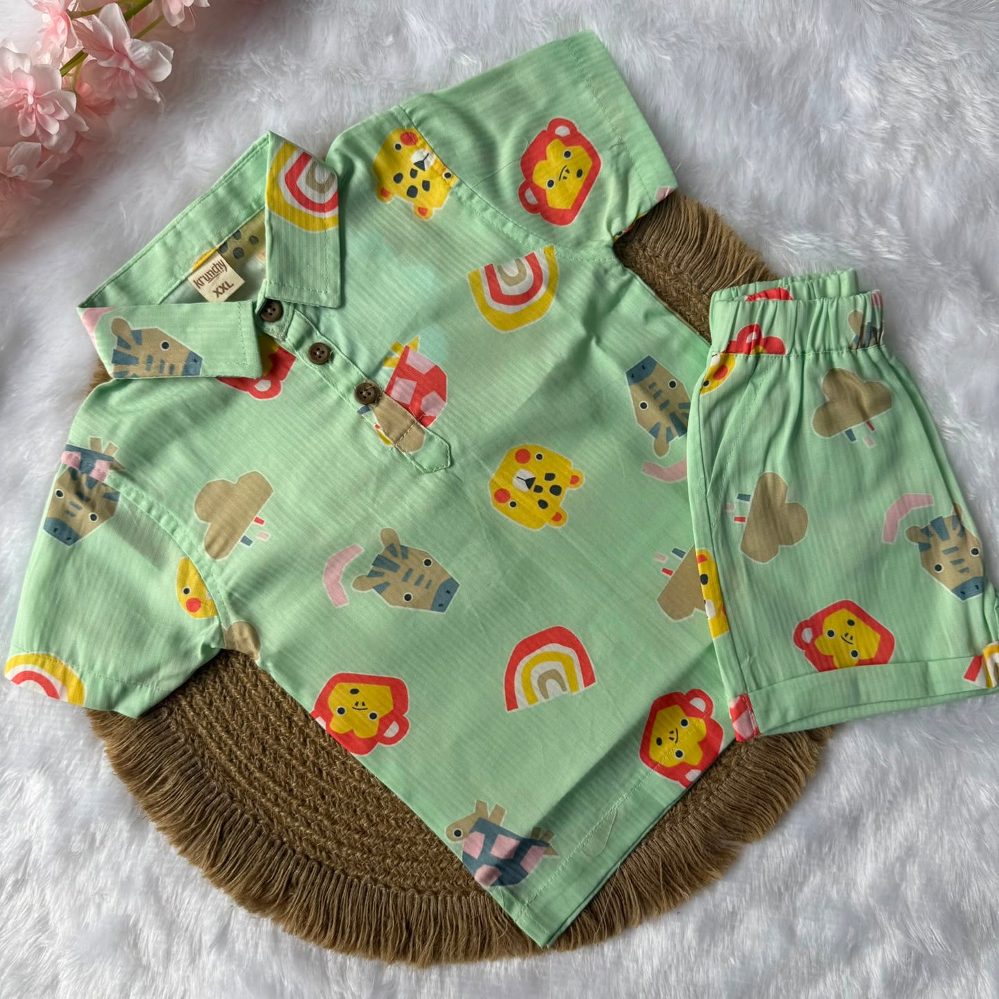 Boys Shirt and Shorts Set - Green Animals Faces