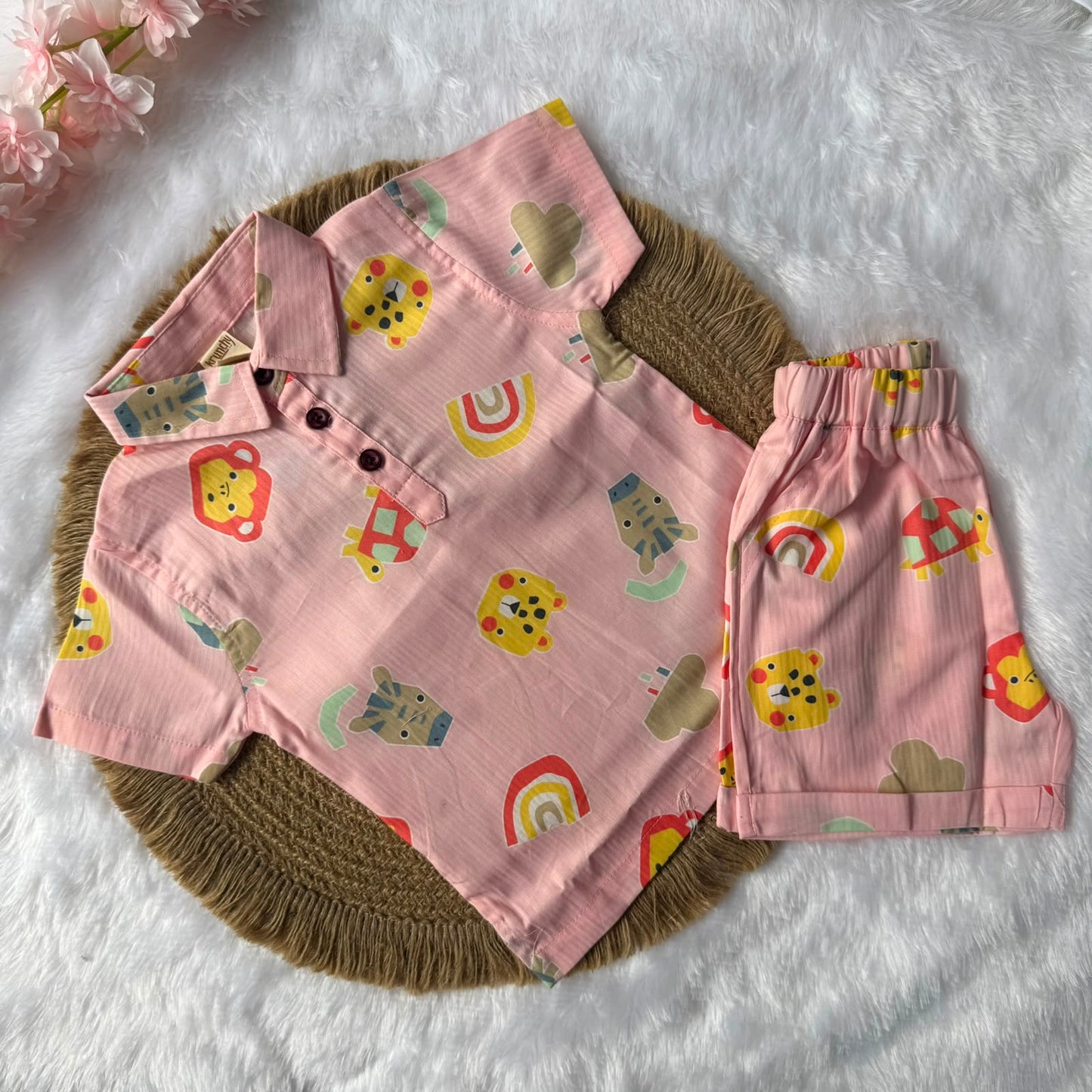 Boys Shirt and Shorts Set - Pink Animals Faces