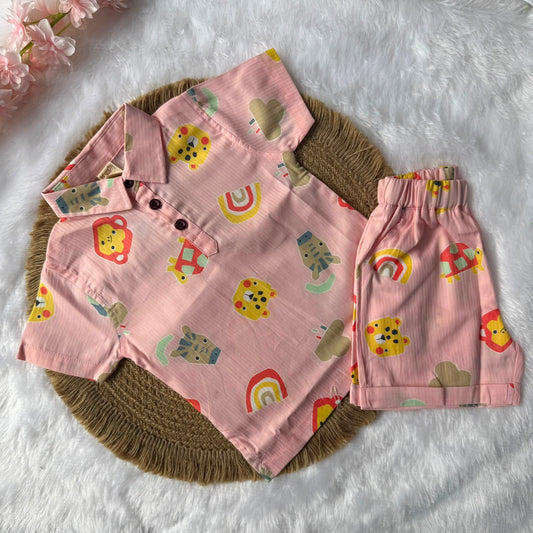 Boys Shirt and Shorts Set - Pink Animals Faces