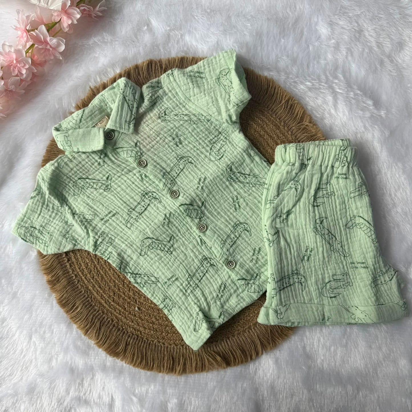 Muslin Boys Shirt and Shorts Set - Crocodile