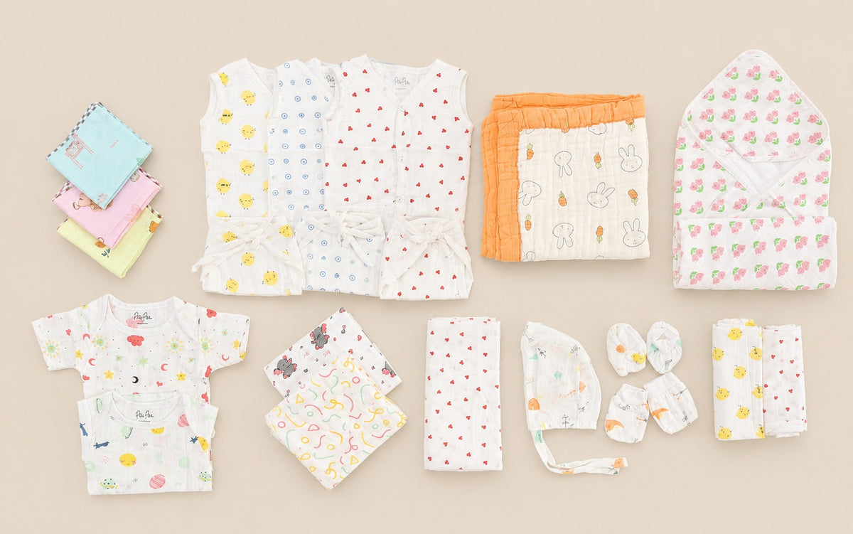First Hug Essentials (Assorted) – All in one Muslin Essentials Kit