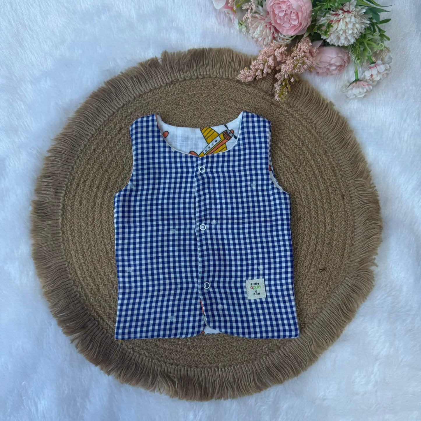 Reversable Muslin Baby Jabla - Blue Check & Red Moon