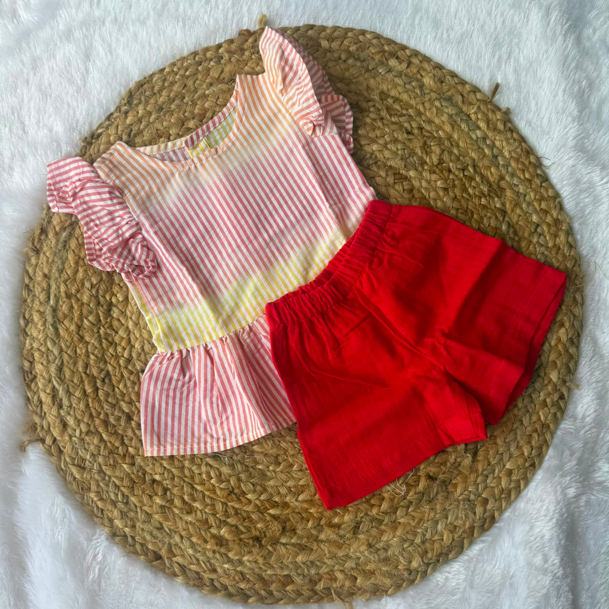 Girls Cotton Co-ords Shorts Set  - Red Stripes