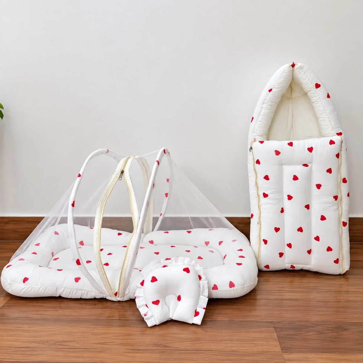 Crinkled Muslin Baby Carry Bed Combo - Red  Hearts