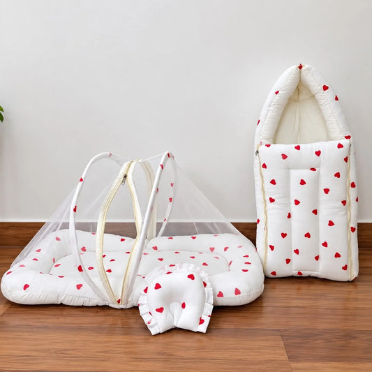 Crinkled Muslin Baby Carry Bed Combo - Red  Hearts