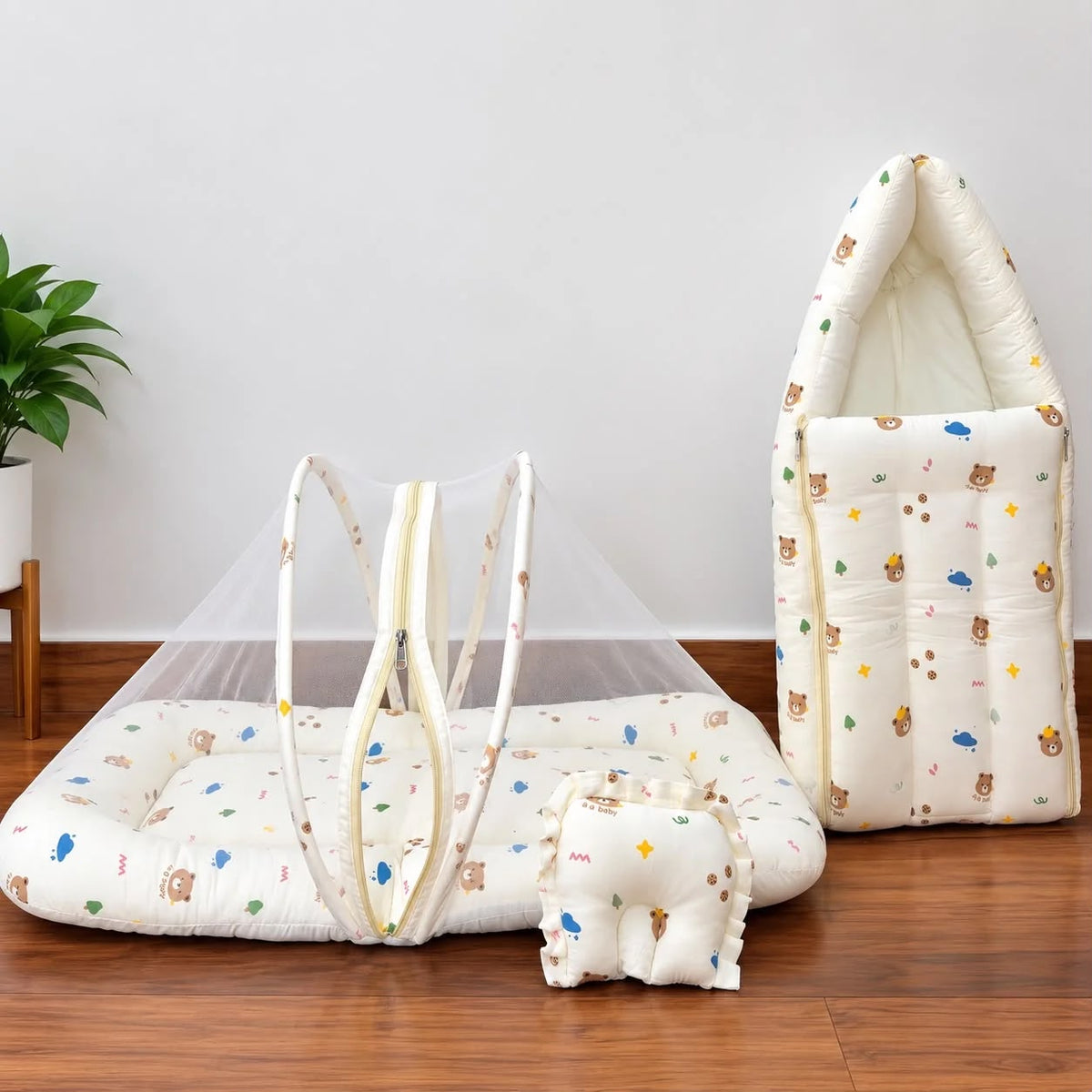 Crinkled Muslin Baby Carry Bed Combo - Teddy Face