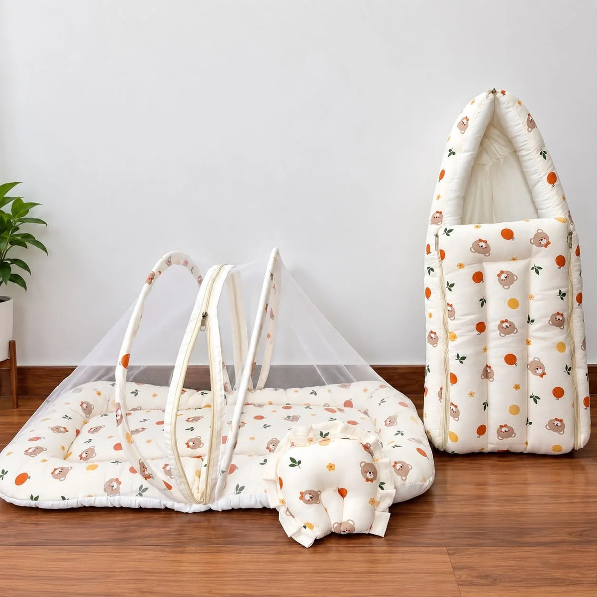 Crinkled Muslin Baby Carry Bed Combo - Teddy in Fruits