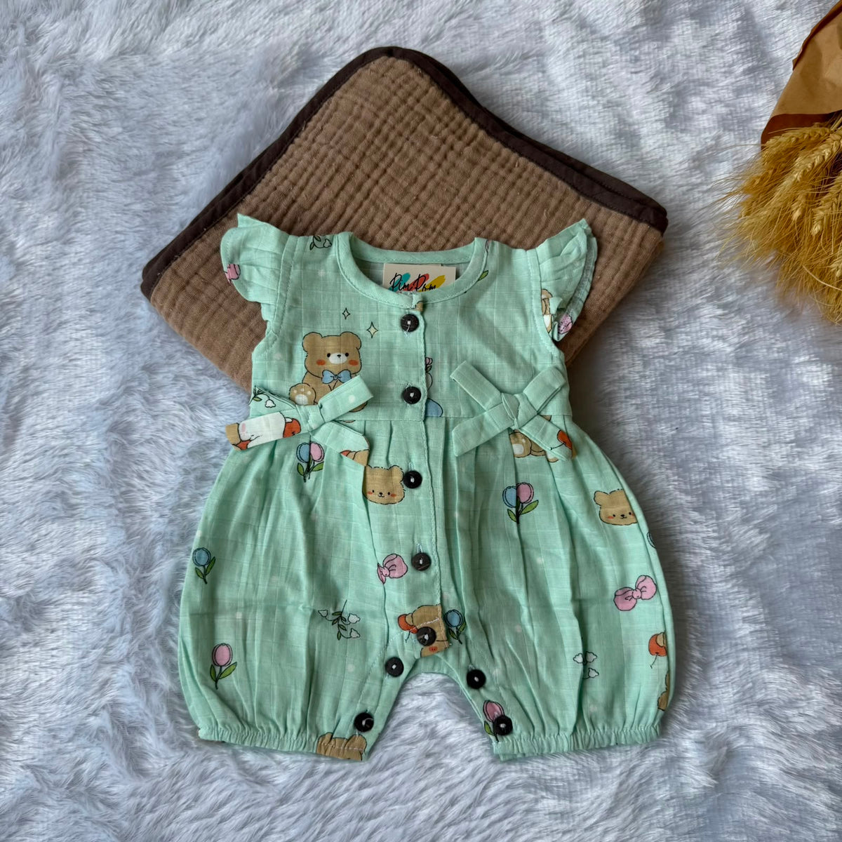 Muslin  Baby Jumpsuit - Green Teddy
