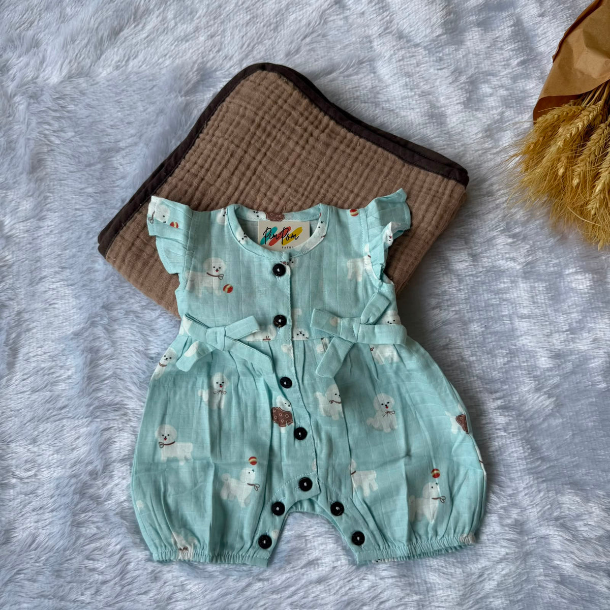 Muslin  Baby Jumpsuit - White Puppy