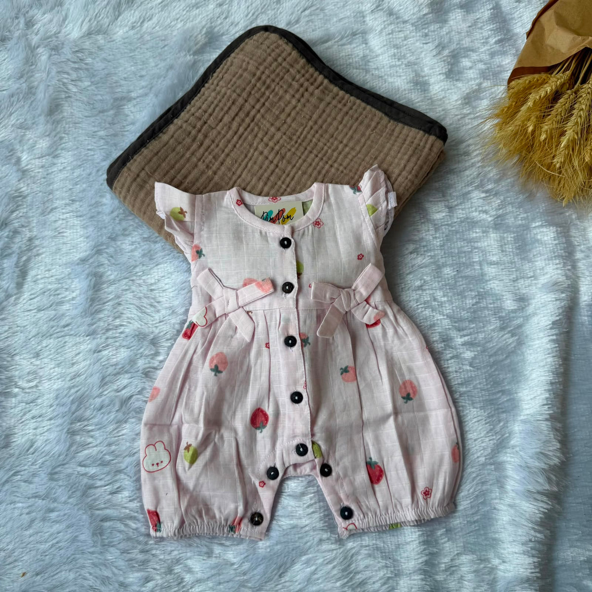 Muslin  Baby Jumpsuit - Pink Strawberry