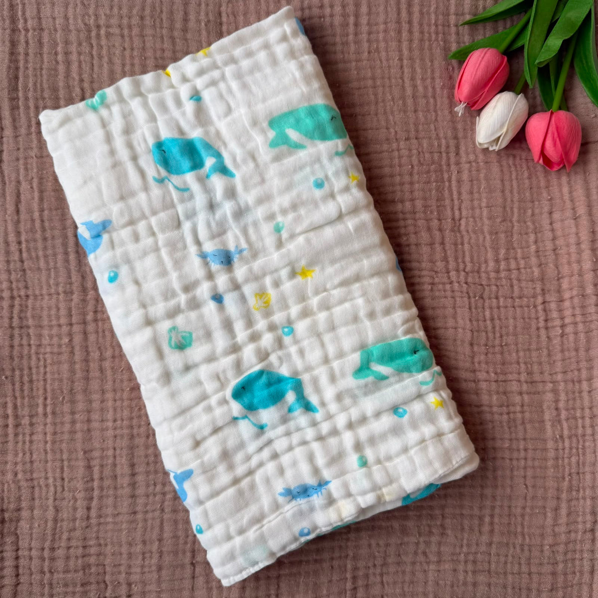 Muslin 6 Layer Bath Towels - Blue Fishes