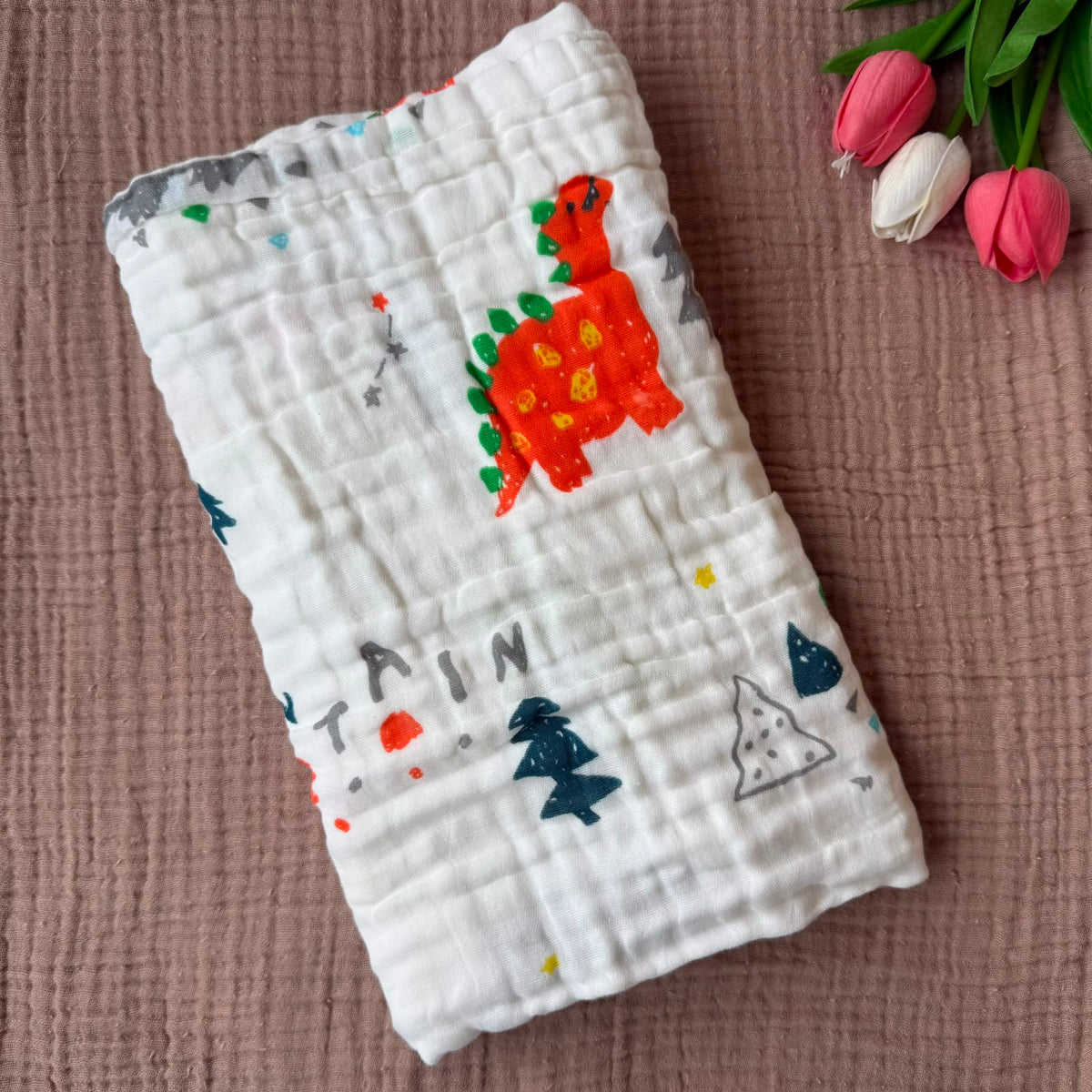 Muslin 6 Layer Bath Towels - Orange Dino