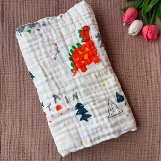 Muslin 6 Layer Bath Towels - Orange Dino