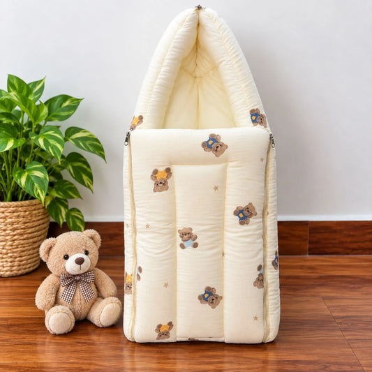 Crinkled Muslin Baby Carry Bed - Teddy Bear
