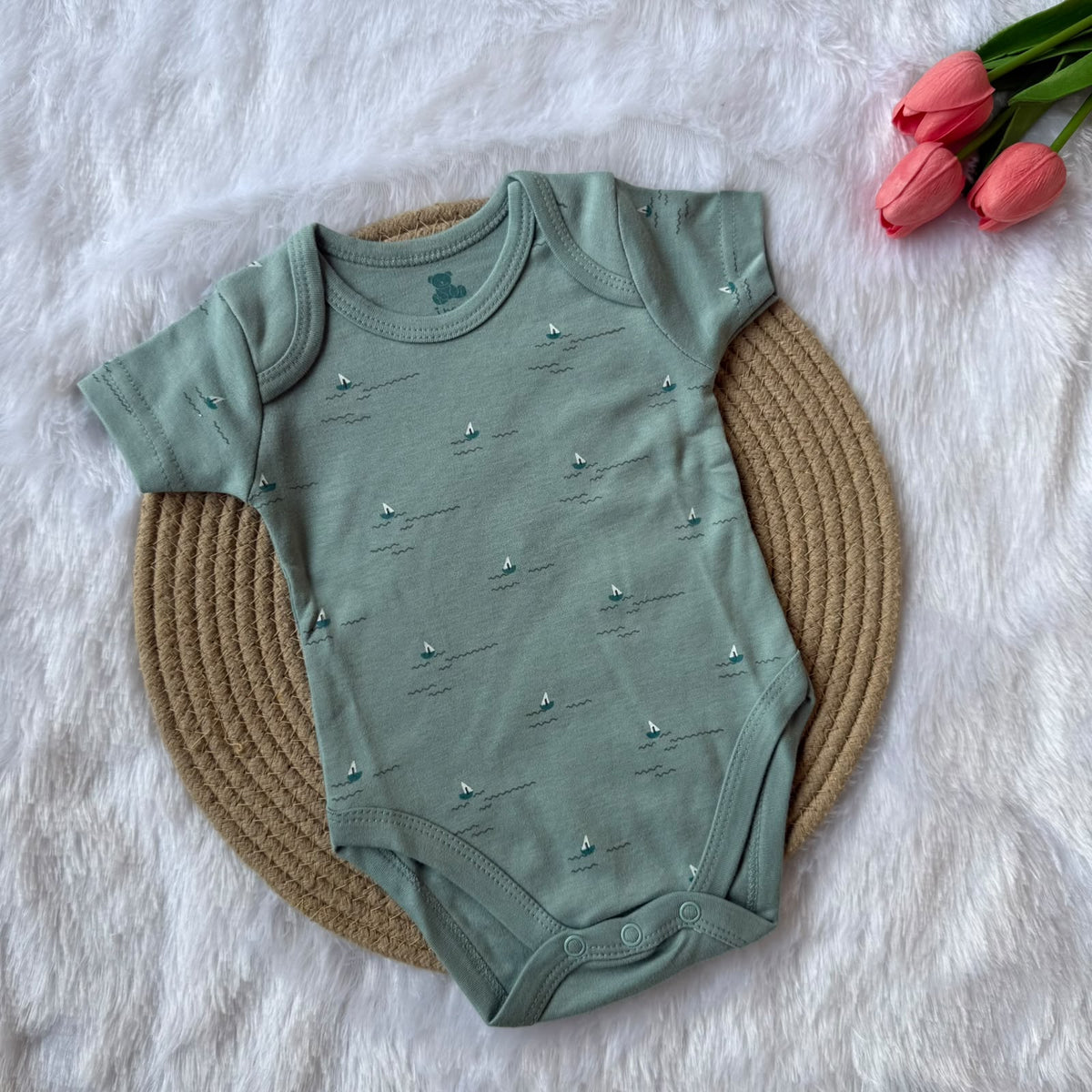 Knitted cotton Baby  Romper - Green ship