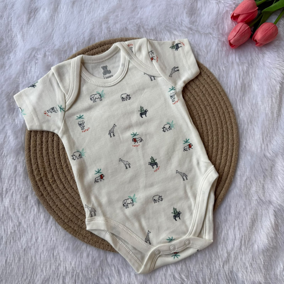 Knitted cotton Baby  Romper - White Animals
