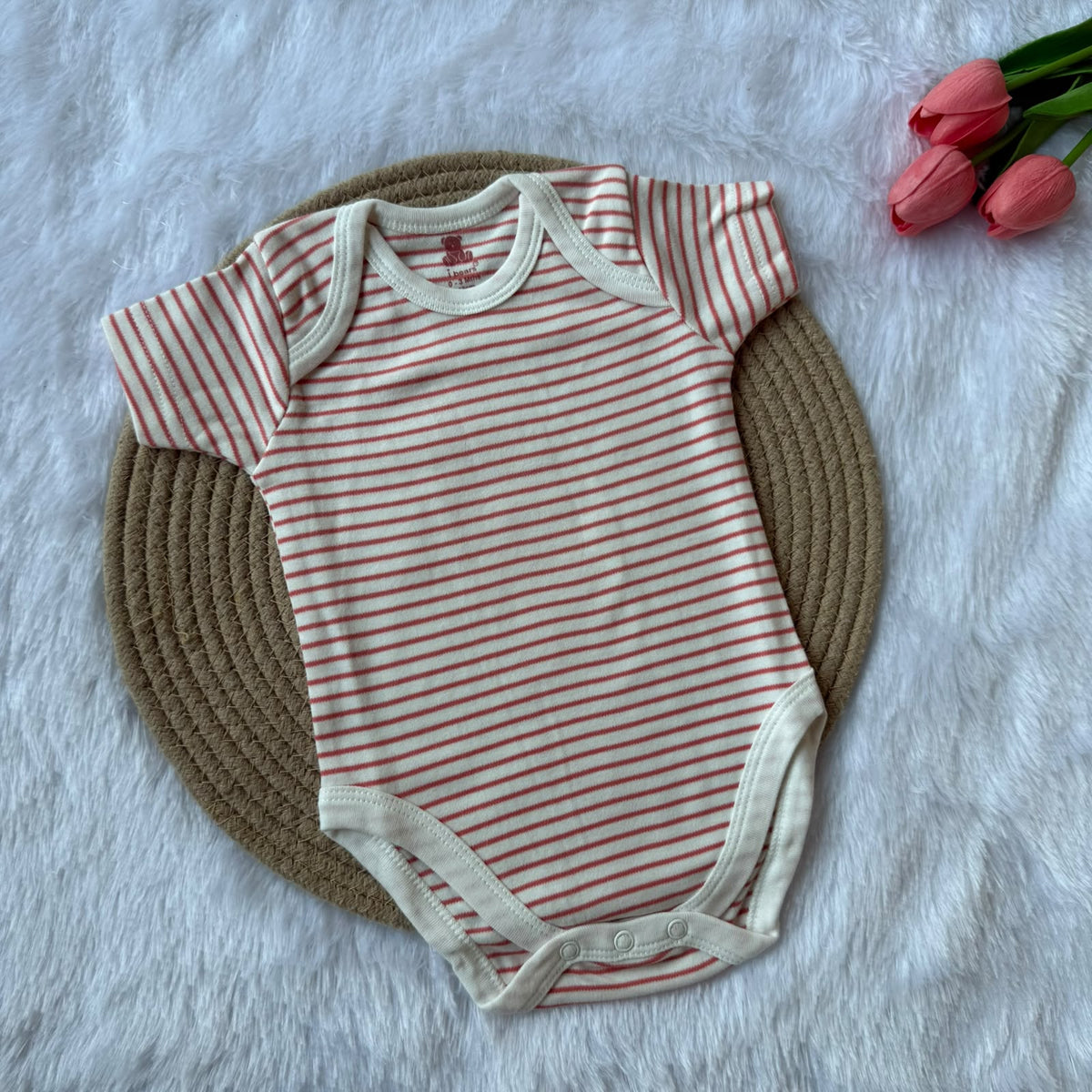 Knitted cotton Baby  Romper - Red Stripes