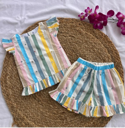 Girls Cotton Co-ords Shorts Set - Multi Stripes & Stars