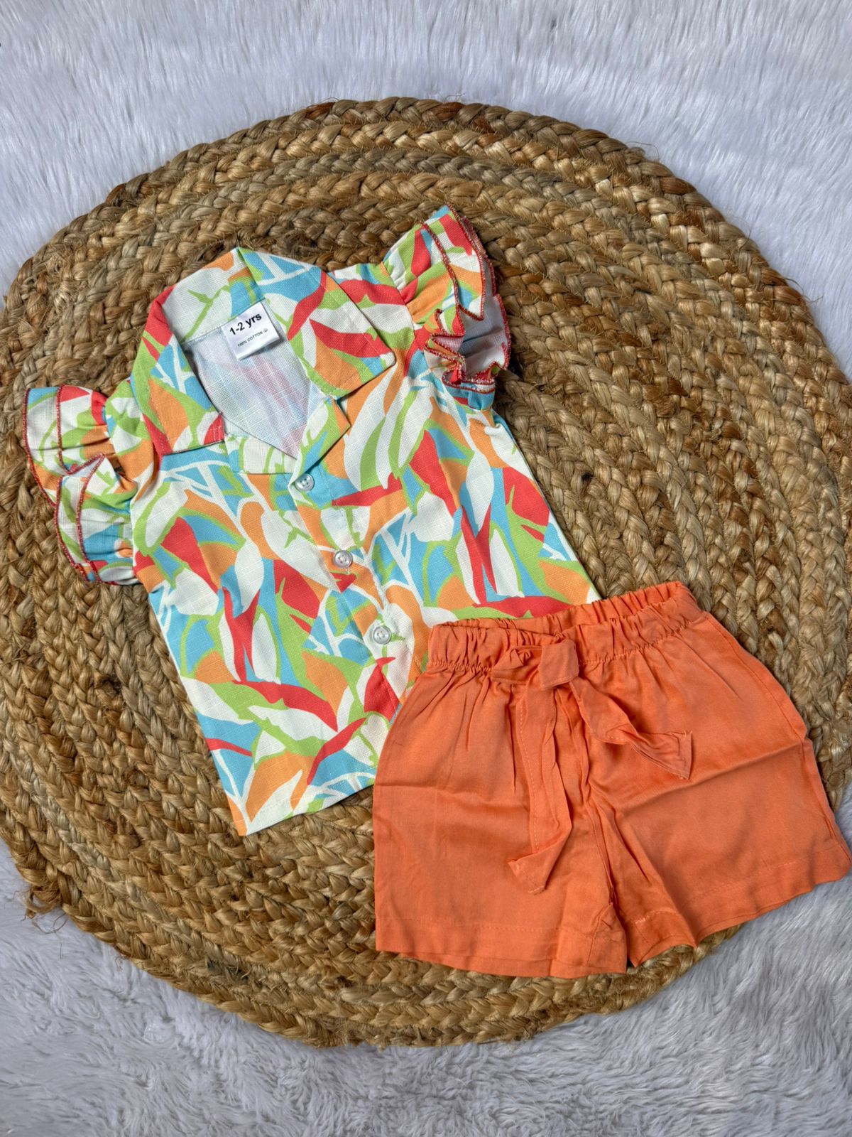 Girls Cotton Co-ords Shorts Set  - Orange Pattern