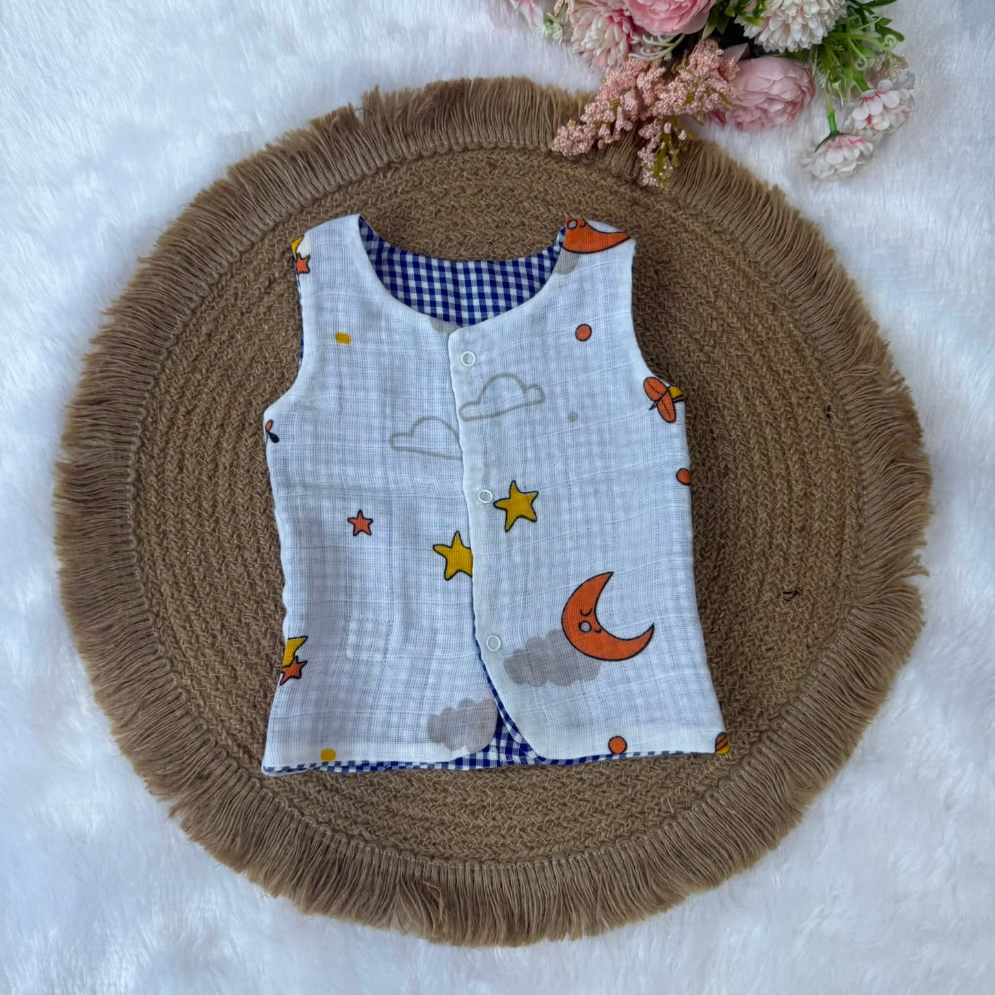 Reversable Muslin Baby Jabla - Blue Check & Red Moon