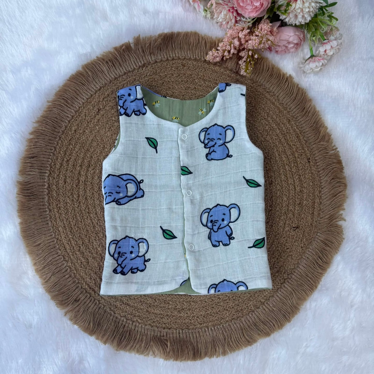 Reversable Muslin Baby Jabla - Green & Elepants