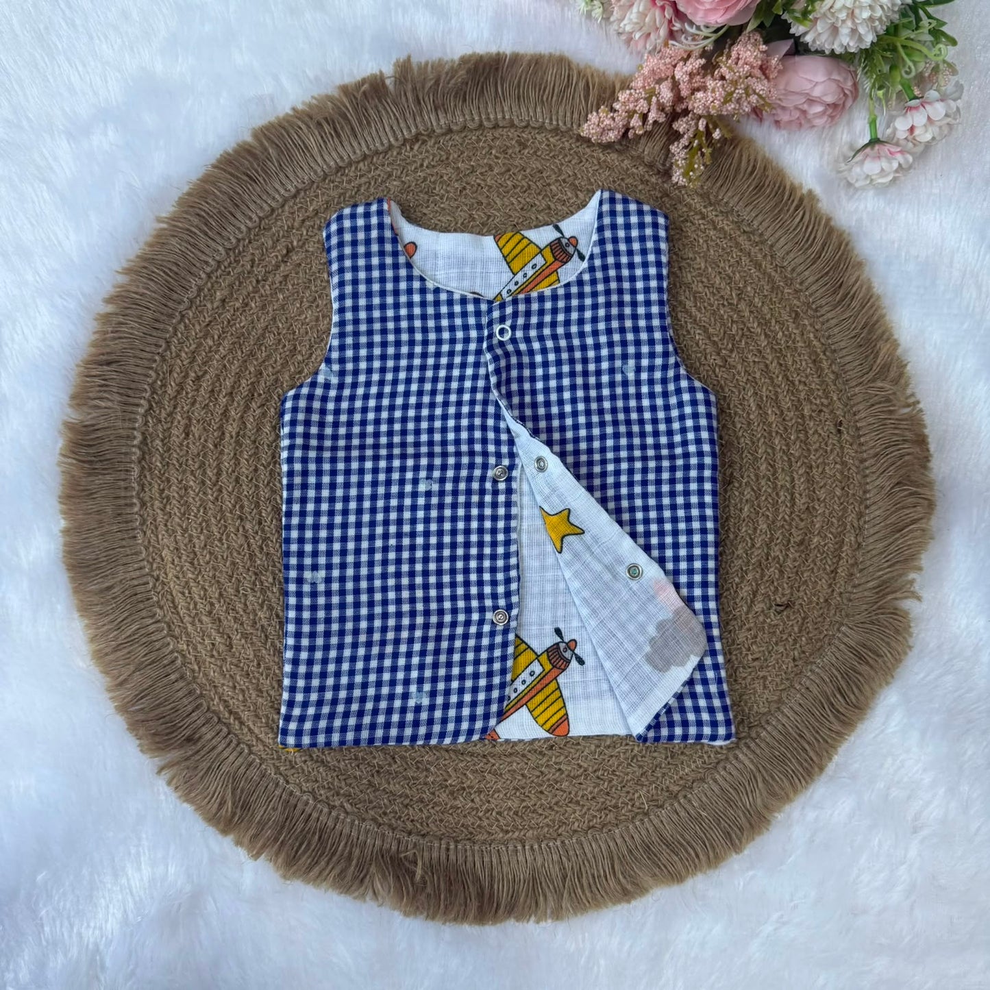 Reversable Muslin Baby Jabla - Blue Check & Red Moon