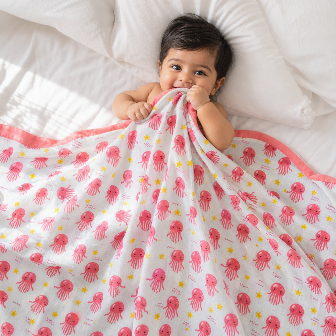 Premium 100% Muslin Baby Blanket – 5-in-1 Multi-Use Essential for Newborns - JellyFish
