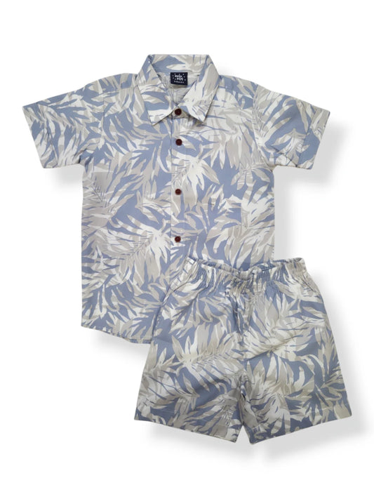 Boys Shirt and Shorts Set - Leafy blue& grey