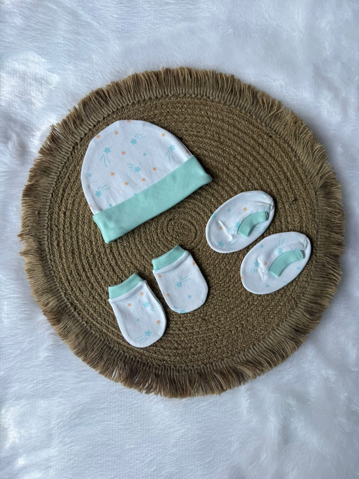 Knitted Cotton Cap, Mitten and Booties - Green Star