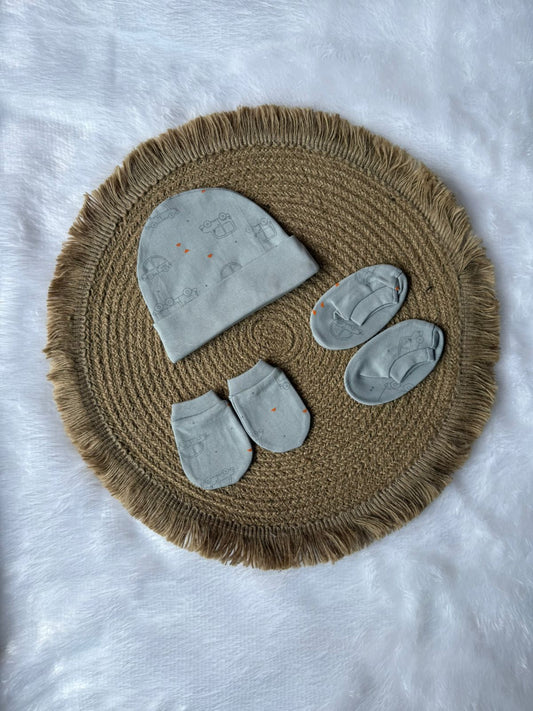 Knitted Cotton Cap, Mitten and Booties - Grey