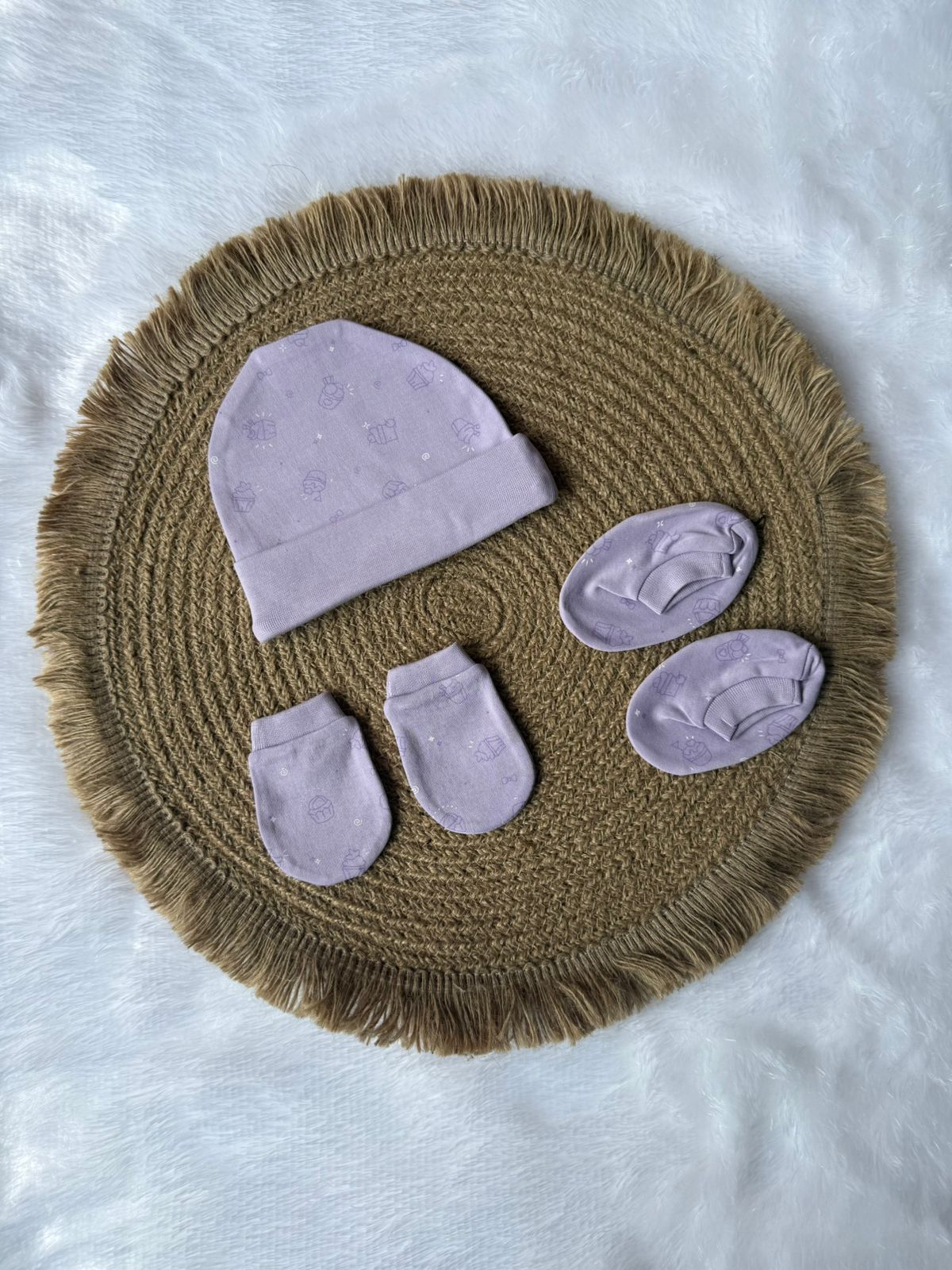 Knitted Cotton Cap, Mitten and Booties - Lavender