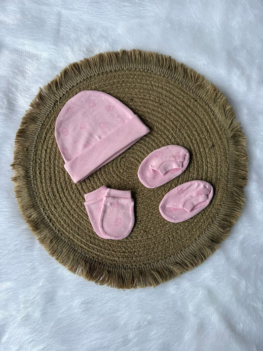 Knitted Cotton Cap, Mitten and Booties - Light Pink Cake
